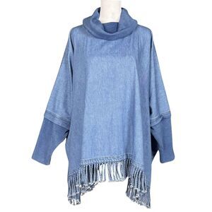 CMC Color Me Cotton Women's Denim Poncho Pullover Cowl Neck Fringe One Size Blue